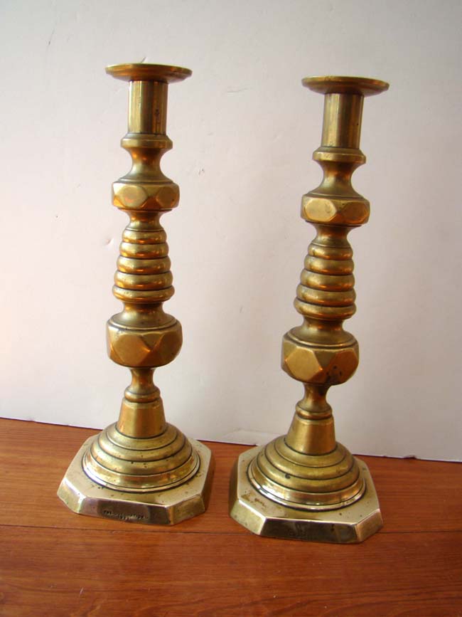 A fine pair of English brass beehive form candlesticks made to commemorate the Coronation of King George V in 1911."